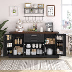 Black Farmhouse Barn Door Storage Cabinet with 2 Drawers & Door Rack, Adjustable Shelves, MDF Construction, 63.11' L x 15.75' W x 32.09' H - Grand Goldman Shop