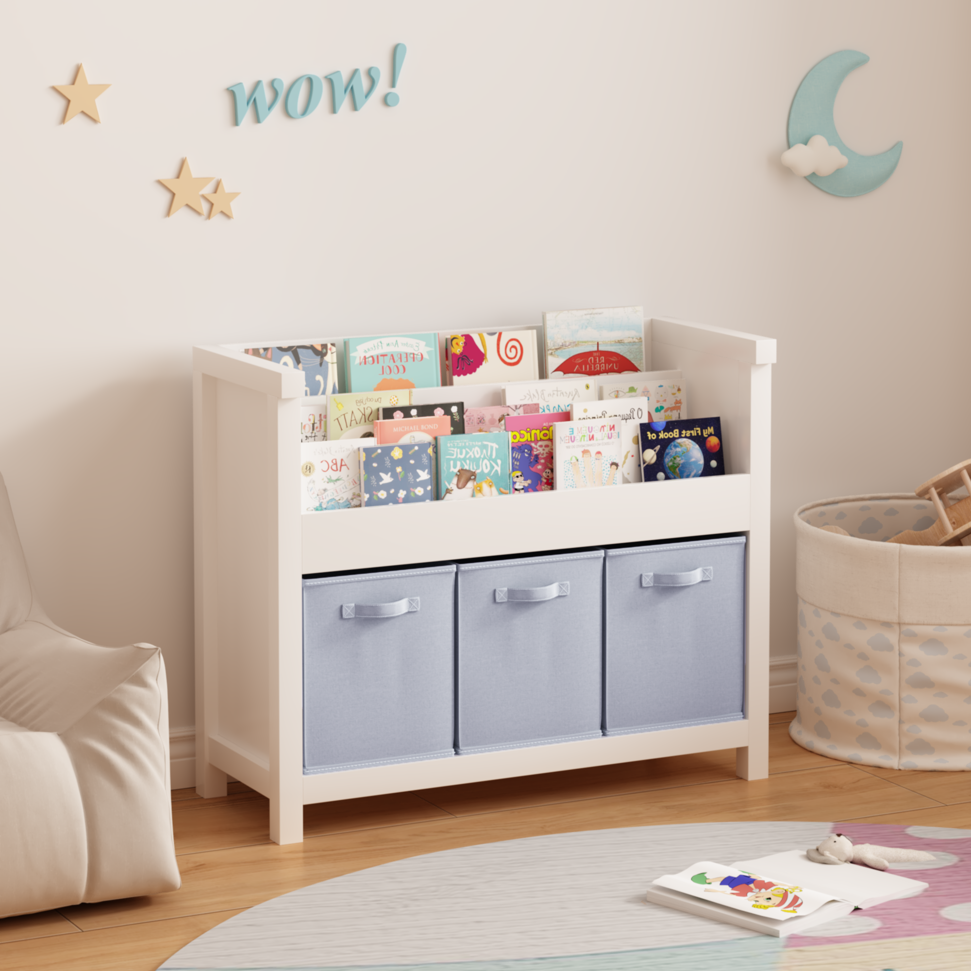 Kids Bookshelf with 3 Tier Front-Facing Storage and 3 Fabric Bins, Wooden Toddler Bookcase for Playroom, Nursery, Bedroom – K