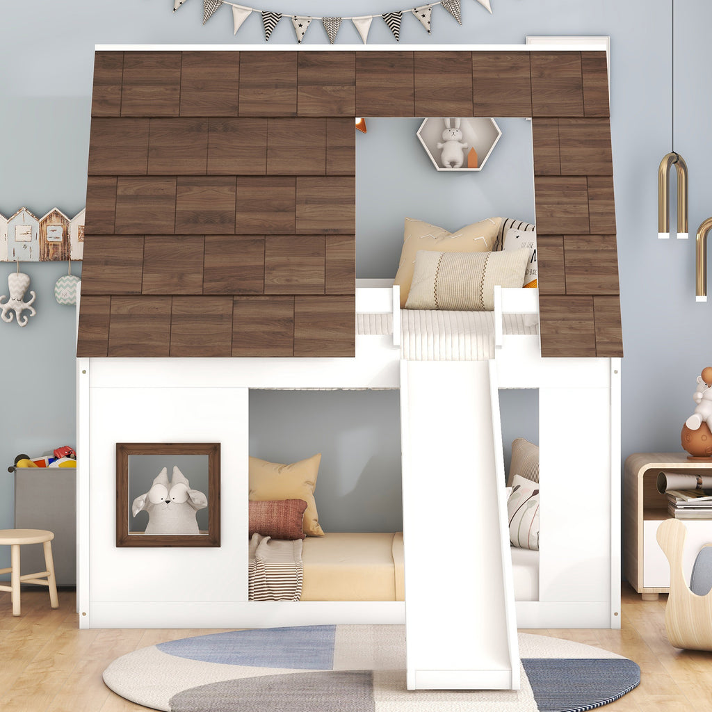 Hearth & Haven Bunk Twin Bed with House Roof, Ladder and Slide, White and Brown - Grand Goldman Shop