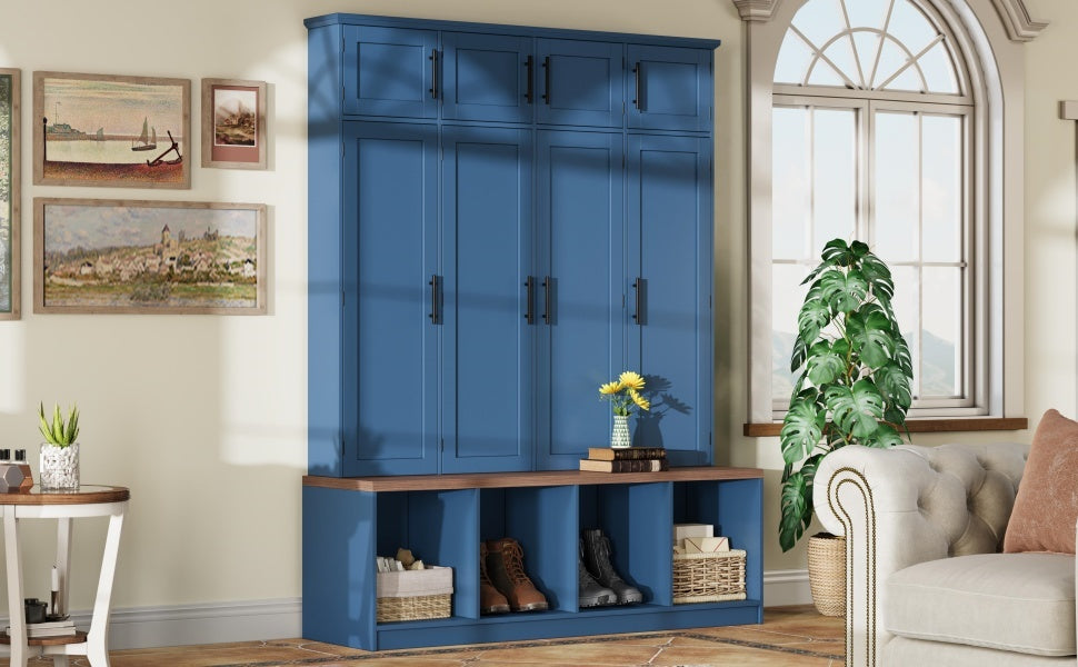 Farmhouse Hall Tree with 4 Hidden Hanging Hooks, Versatile Walnut Seating Bench with 8 Doors, Entryway Shoe Cabinet with Open Compartment for Living Room, Blue (OLD SKU:N721S000059C) - Grand Goldman Shop