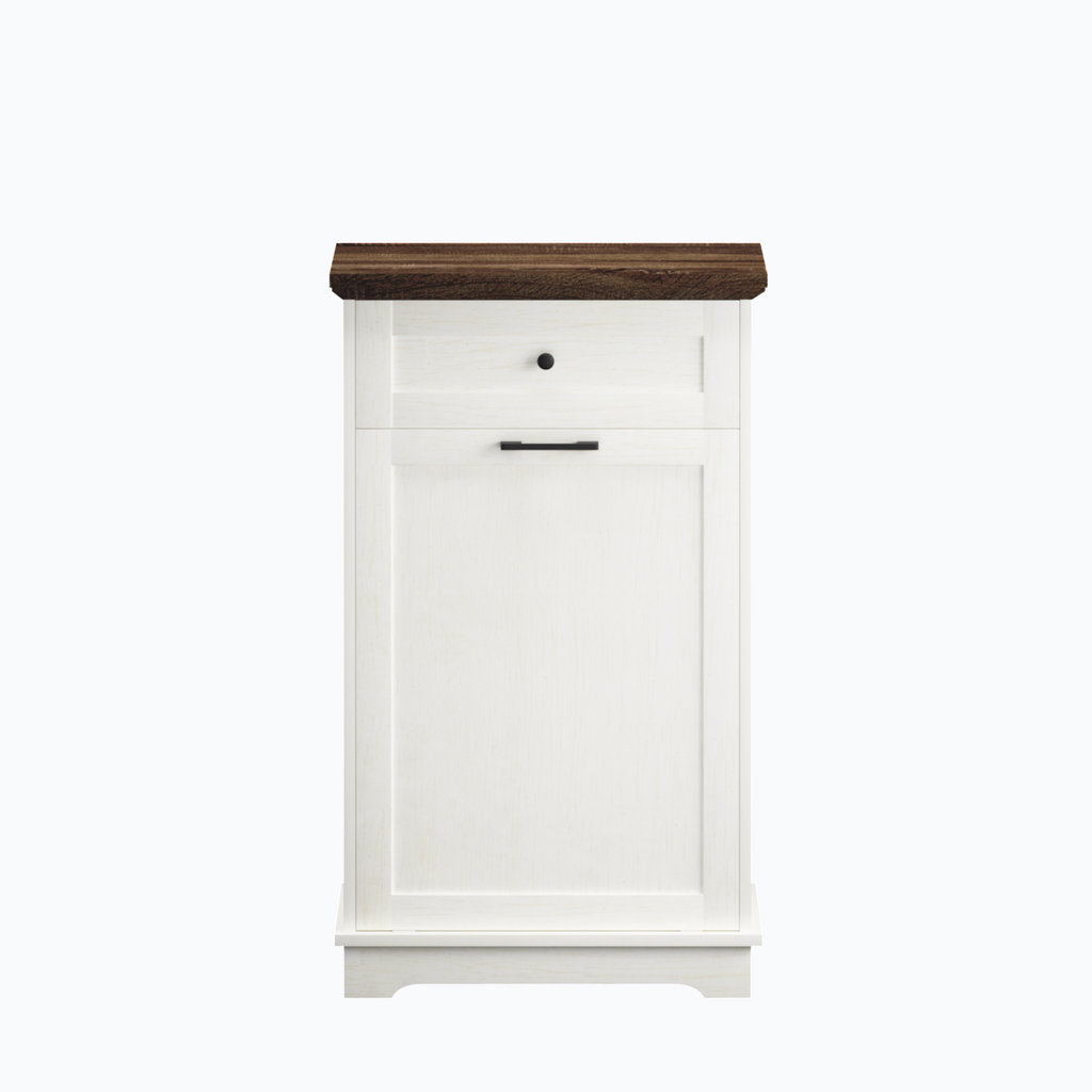 10 Gallon Tilt Out Trash Cabinet Freestanding Trash Bin Cabinet Wood Garbage Recycling Cabinet with Drawer Pet Proof Trash Can Holder for Kitchen Living Room, Antique White (Not include trash can) - Grand Goldman Shop