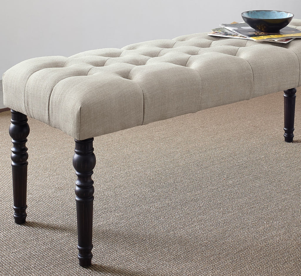 Leviton Fabric Tufted Turned Leg  Dining Bench, Tan - Grand Goldman Shop