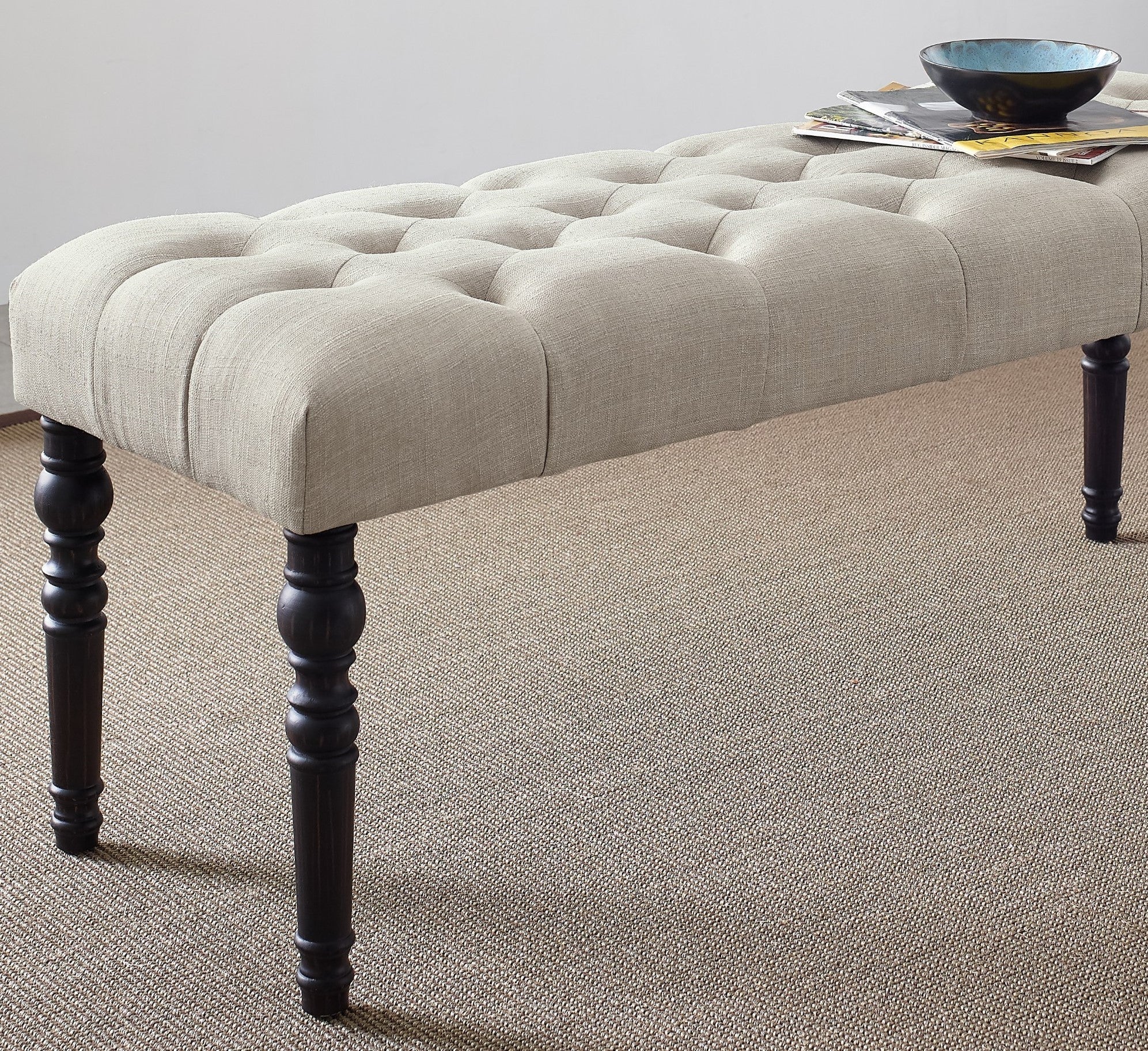 Leviton Fabric Tufted Turned Leg  Dining Bench, Tan - Grand Goldman Shop