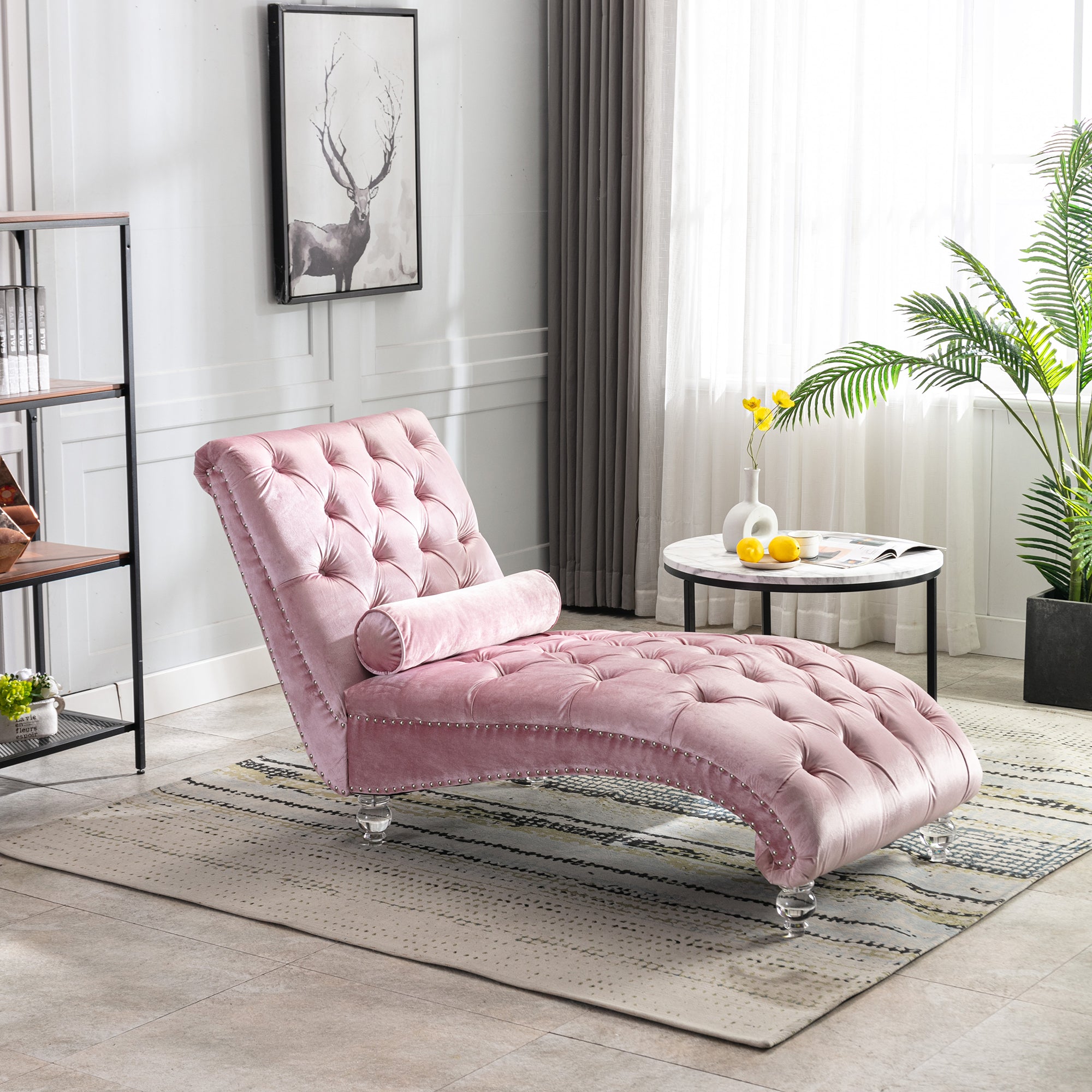 Velvet Chaise Lounge Indoor, Button-Tufted Upholstered Chaise Lounge Chair with Pillow in Pink Velvet, Comfortable Seating for Bedroom Living Room Office - Grand Goldman Shop