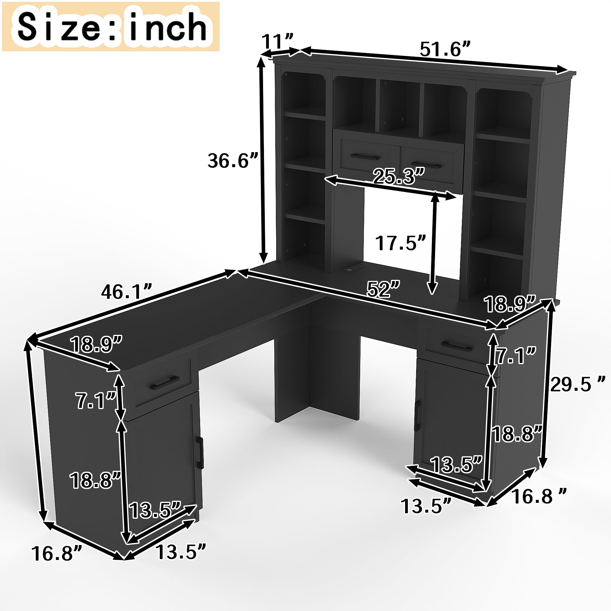 L-shaped computer desk with 2 cabinets and 2 drawers underneath the table, 11 open shelves and a flip-up shelf with storage o