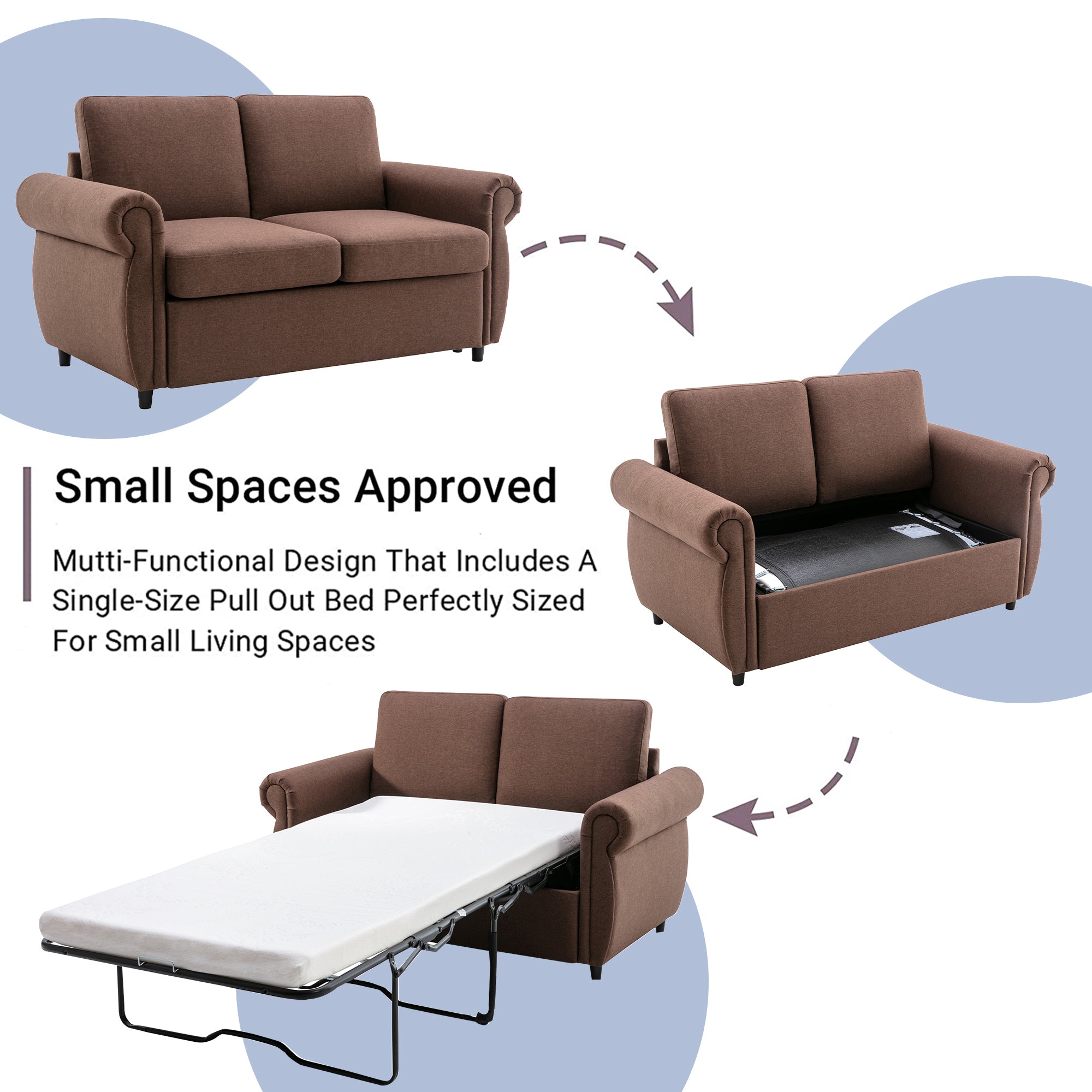 Orisfur Pull Out Sofa Bed Loveseat Sleeper with Twin Size Memory Mattress, USB Ports, Brown Linen, 57.9' - Grand Goldman Shop