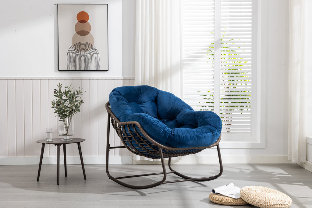 Outdoor Rattan Rocking Chair,Padded Cushion Rocker Recliner Chair Outdoor for Front Porch, Living Room, Patio, Garden, Navy Blue - Grand Goldman Shop
