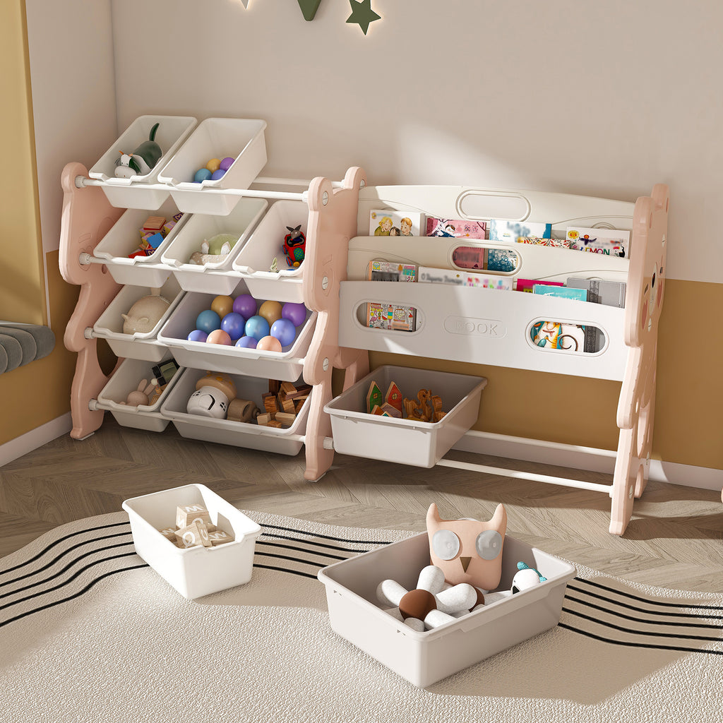 Kids Toy Storage Organizer with 2 Tier Bookshelf and 12 Toy Bins, Pink Polyethylene - Grand Goldman Shop