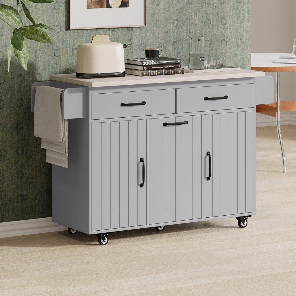 K&K Kitchen Island with Trash Can Storage Cabinet, Kitchen Cart with Drop Leaf, Spice Rack, Towel Rack and Drawer, Rolling Kitchen Island on Wheels with Adjustable Shelf, Grey - Grand Goldman Shop