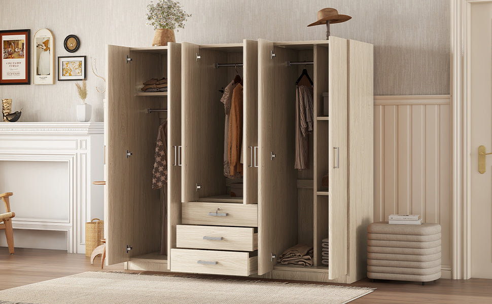 6-Doors Wooden Wardrobe Storage for Bedroom, with Big Drawers, Natural - Grand Goldman Shop