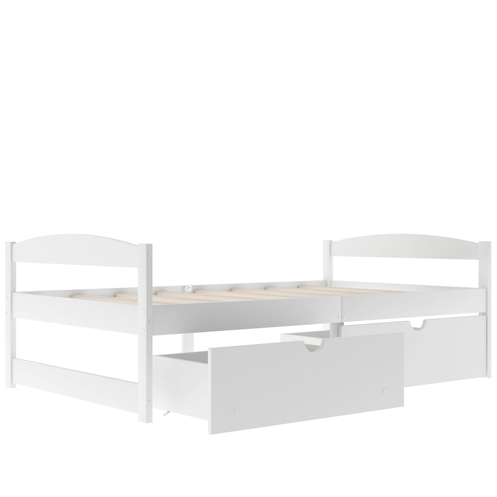 White Twin Size Platform Bed with Two Drawers, Pine Wood and MDF, 77.1''L x 40.7''W x 23.1''H - Grand Goldman Shop