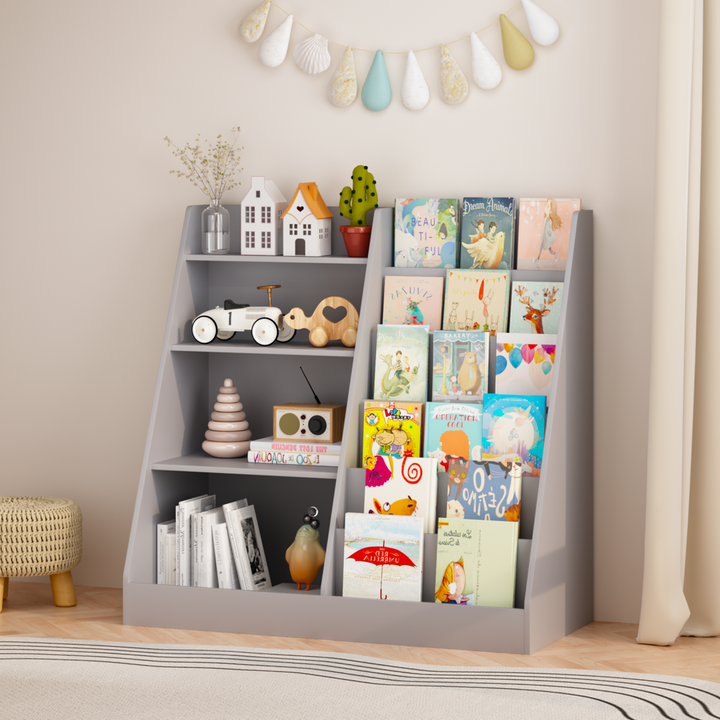 Kids Bookshelf and Toy Storage Organizer, Multifunctional 4 Tier Wooden Kids Book Shelf with  Bookcase Display Stand in Kids 
