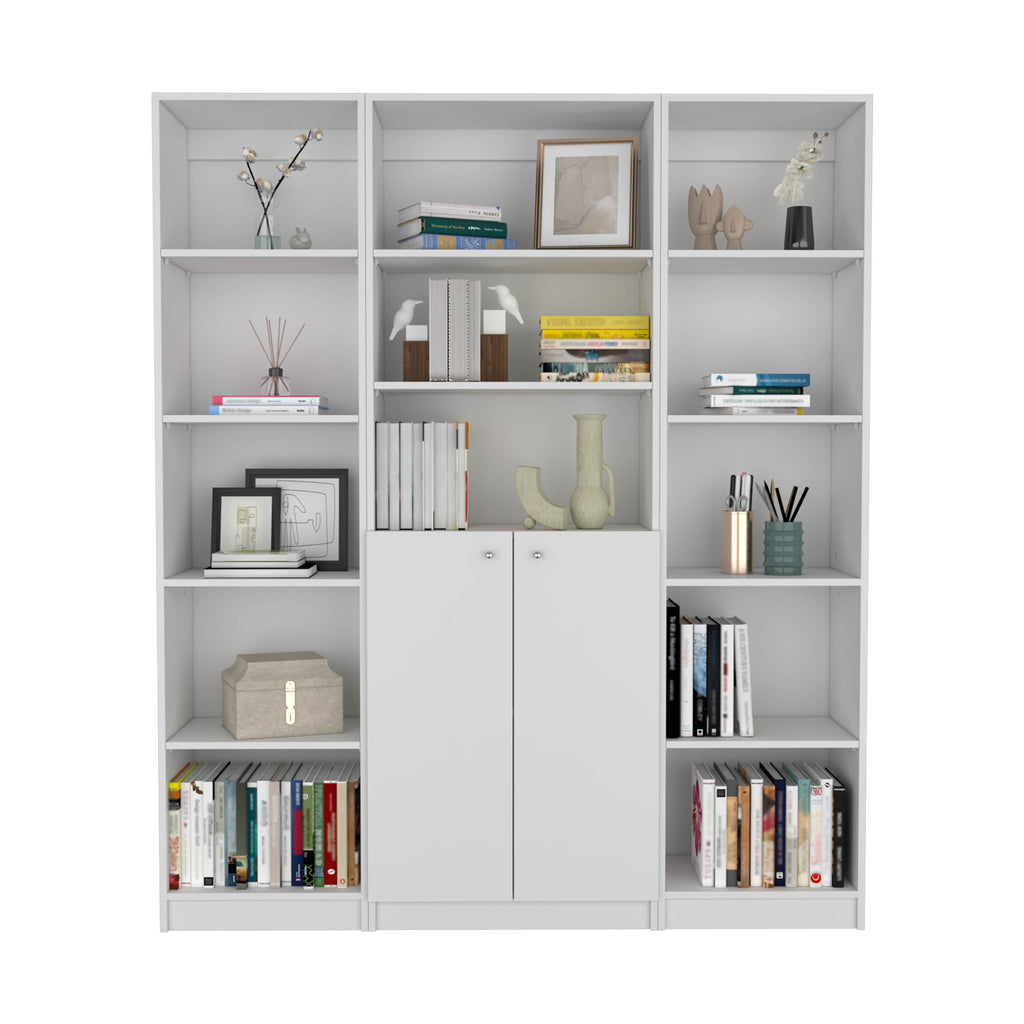 June 3 Piece Home Bookcase set, 60' Wide with 13 Shelves and 2-door Cabinet ,  Living Room Set  White - Grand Goldman