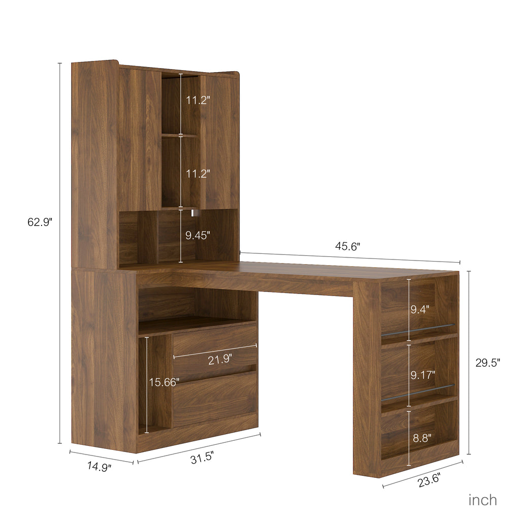 L Shaped Desk,Computer Desk with Drawers,Bookshelf,with LED Light,Modern Corner Desk,Home Office Desk,L-Shaped Study Table Wr