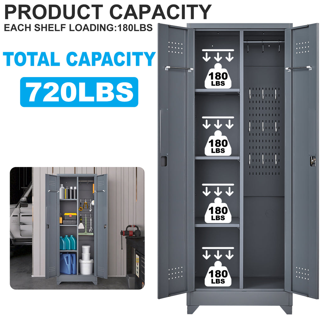 Grey Heavy Duty Metal Storage Cabinet with Locking Doors, Hanging Rod & Shelves, 65' H Broom Closet for Garage or Basement | 