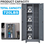 Grey Heavy Duty Metal Storage Cabinet with Locking Doors, Hanging Rod & Shelves, 65' H Broom Closet for Garage or Basement | 