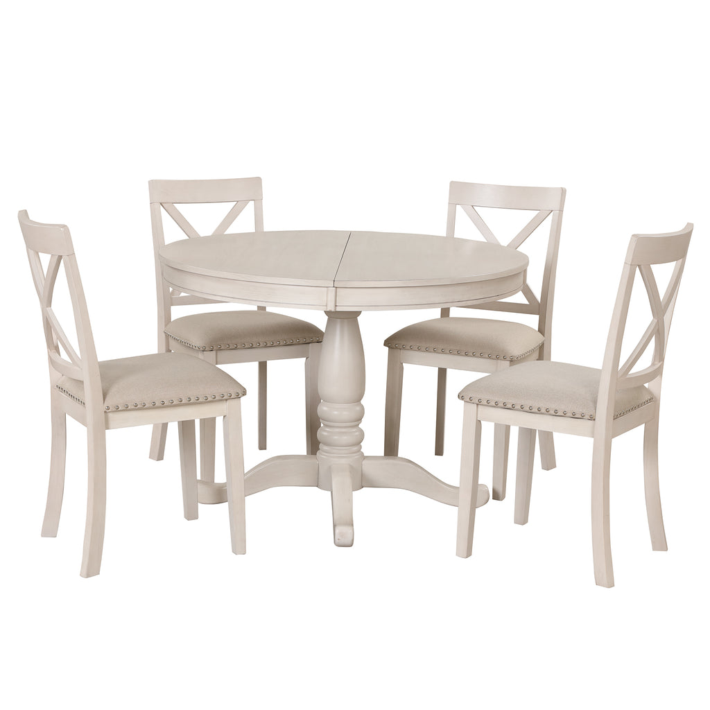 Antique White Modern Dining Table Set for 4 with Round Table and Chairs, Solid Wood & MDF - Grand Goldman Shop