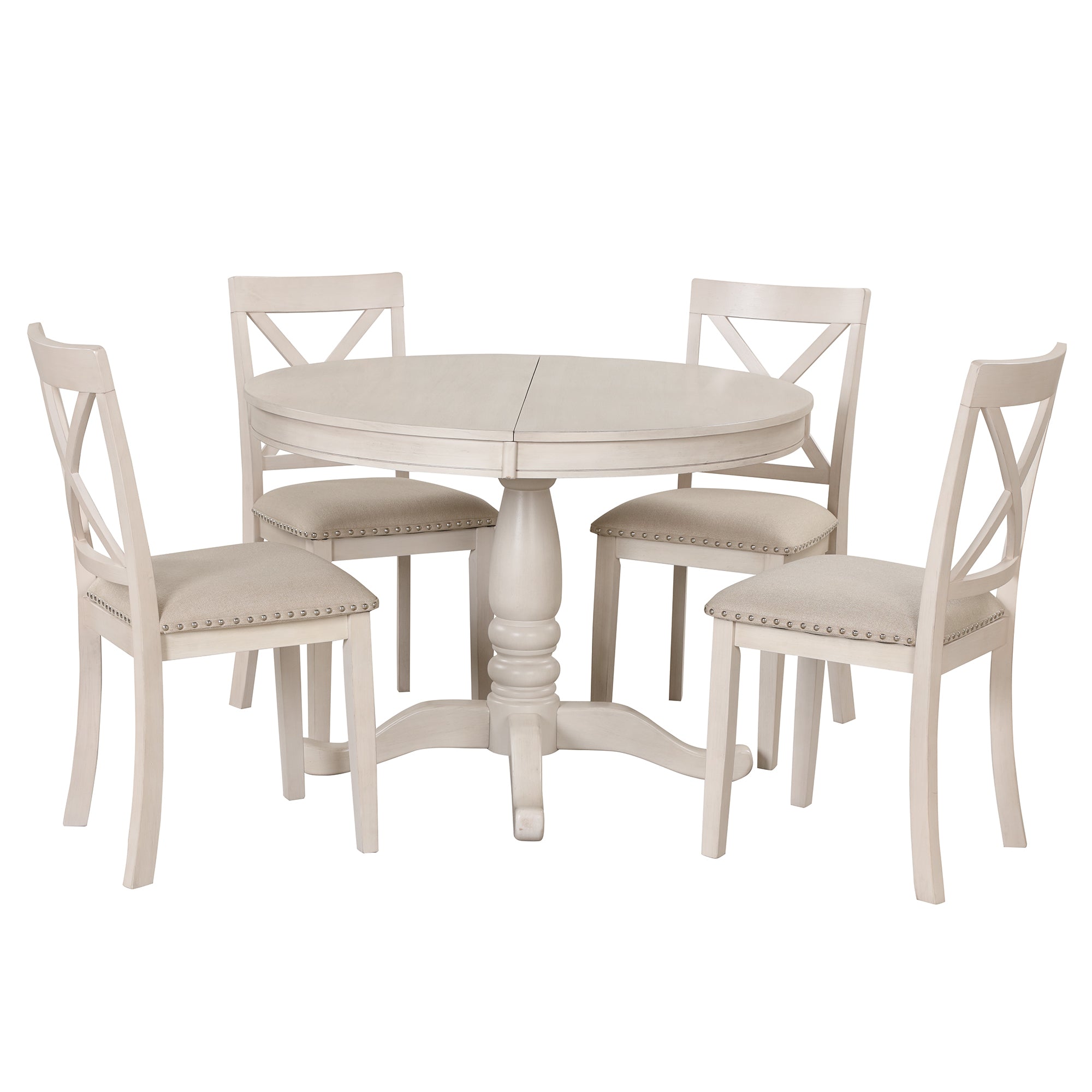 Antique White Modern Dining Table Set for 4 with Round Table and Chairs, Solid Wood & MDF - Grand Goldman Shop