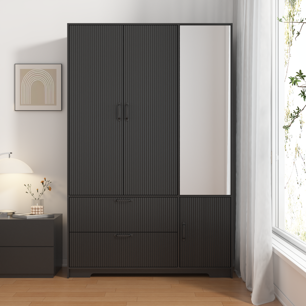 4 Doors Wardrobe Closet with Mirror, LED Wardrobe with Doors and 2 Drawers, Wooden Wardrobe Storage Cabinet with Hanging Rod, Adjustable Shelves, Black - Grand Goldman Shop