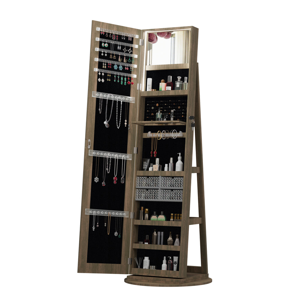 360°Swivel Jewelry Cabinet with Full Length Mirror, 360°Rotating Standing Jewelry Armoire Organizer , Lockable Storage Cabinet, Interior Lighted Mirror, Brown - Grand Goldman Shop