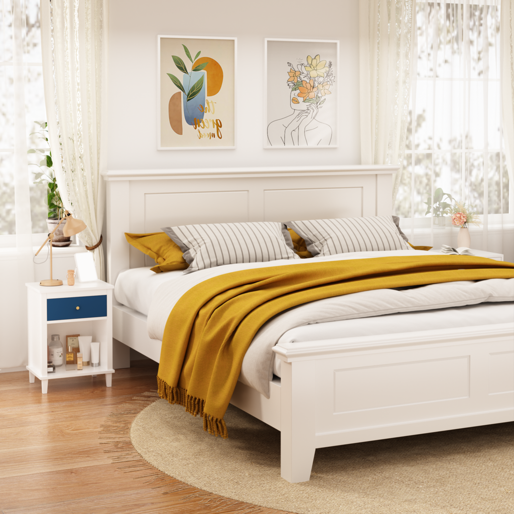 Navy+Golden Handle Wooden Nightstand with One Drawer One Shelf for Kids and Adults, White+Navy Finish, MDF Material, 26.77''H - Grand Goldman Shop
