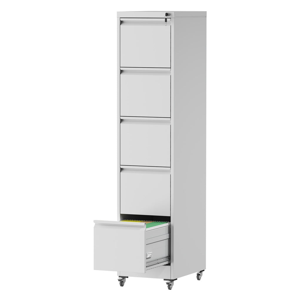 Heavy Duty 5 Drawer Metal Vertical File Cabinet with Lock and Wheels for Home Office, White, 17.72'D x 14.96'W x 64.21'H | Pr