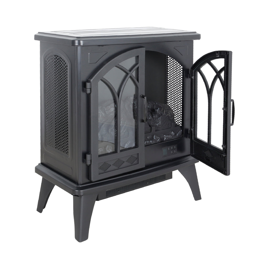 Classical 24-Inch 3D Flame Electric Infrared Quartz Fireplace Stove with Remote Control, Antique Black, Tempered Glass & Sheet Metal - Grand Goldman Shop