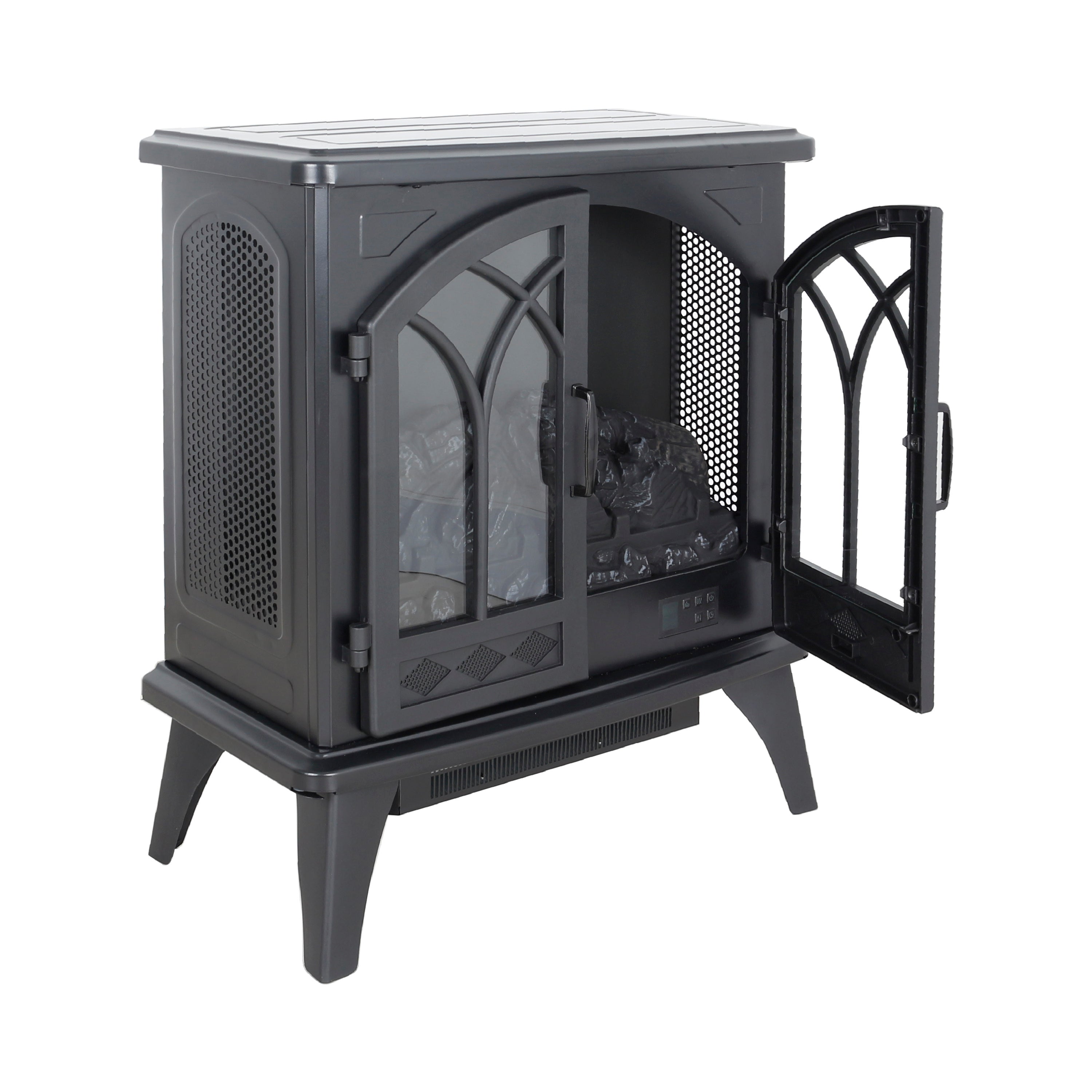 Classical 24-Inch 3D Flame Electric Infrared Quartz Fireplace Stove with Remote Control, Antique Black, Tempered Glass & Sheet Metal - Grand Goldman Shop