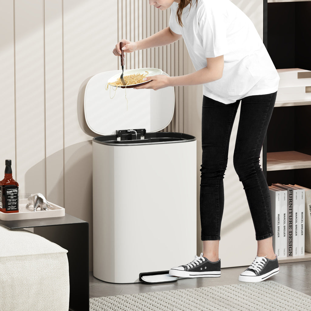 13 Gallon 50L Kitchen Foot Pedal Operated Soft Close Trash Can - Stainless Steel Ellipse Bustbin - White - Grand Goldman Shop