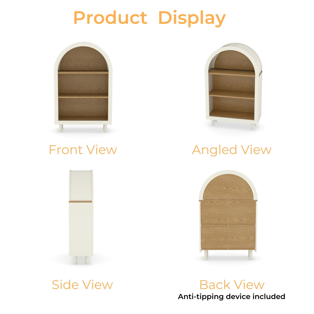 Arched Small Bookcase,Arched Storage Cabinet,Wooden Modern Arched Top Bookshelf with 3 Shelves,White with Woodgrain Shelves, 3-Tier Storage Shelf for Living Room, Bedroom, Entryway - Grand Goldman Shop
