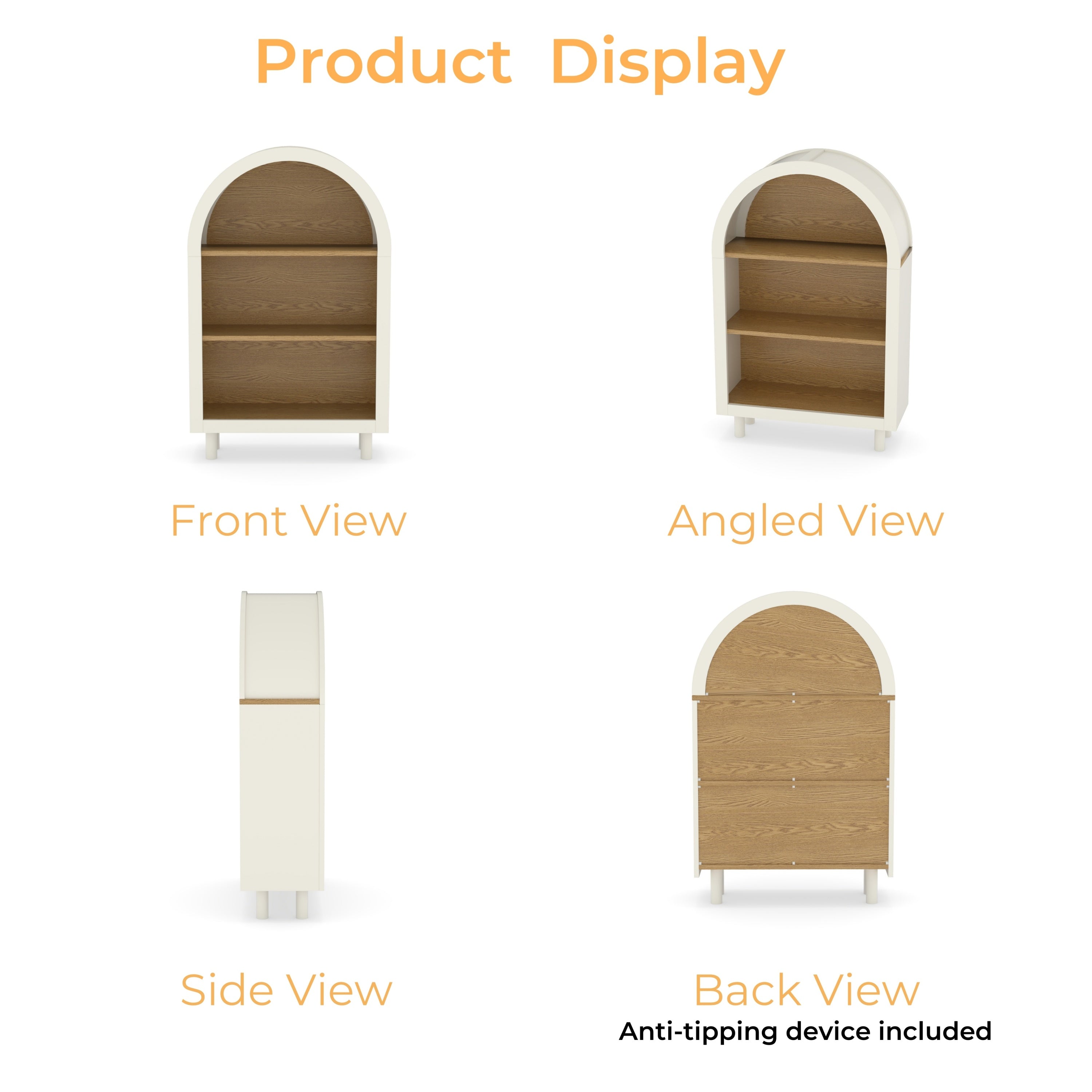 Arched Small Bookcase,Arched Storage Cabinet,Wooden Modern Arched Top Bookshelf with 3 Shelves,White with Woodgrain Shelves, 3-Tier Storage Shelf for Living Room, Bedroom, Entryway - Grand Goldman Shop