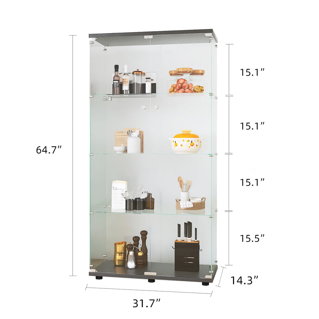 Two-door Glass Display Cabinet 4 Shelves with Door, Floor Standing Curio Bookshelf for Living Room Bedroom Office,  64.7'*31.