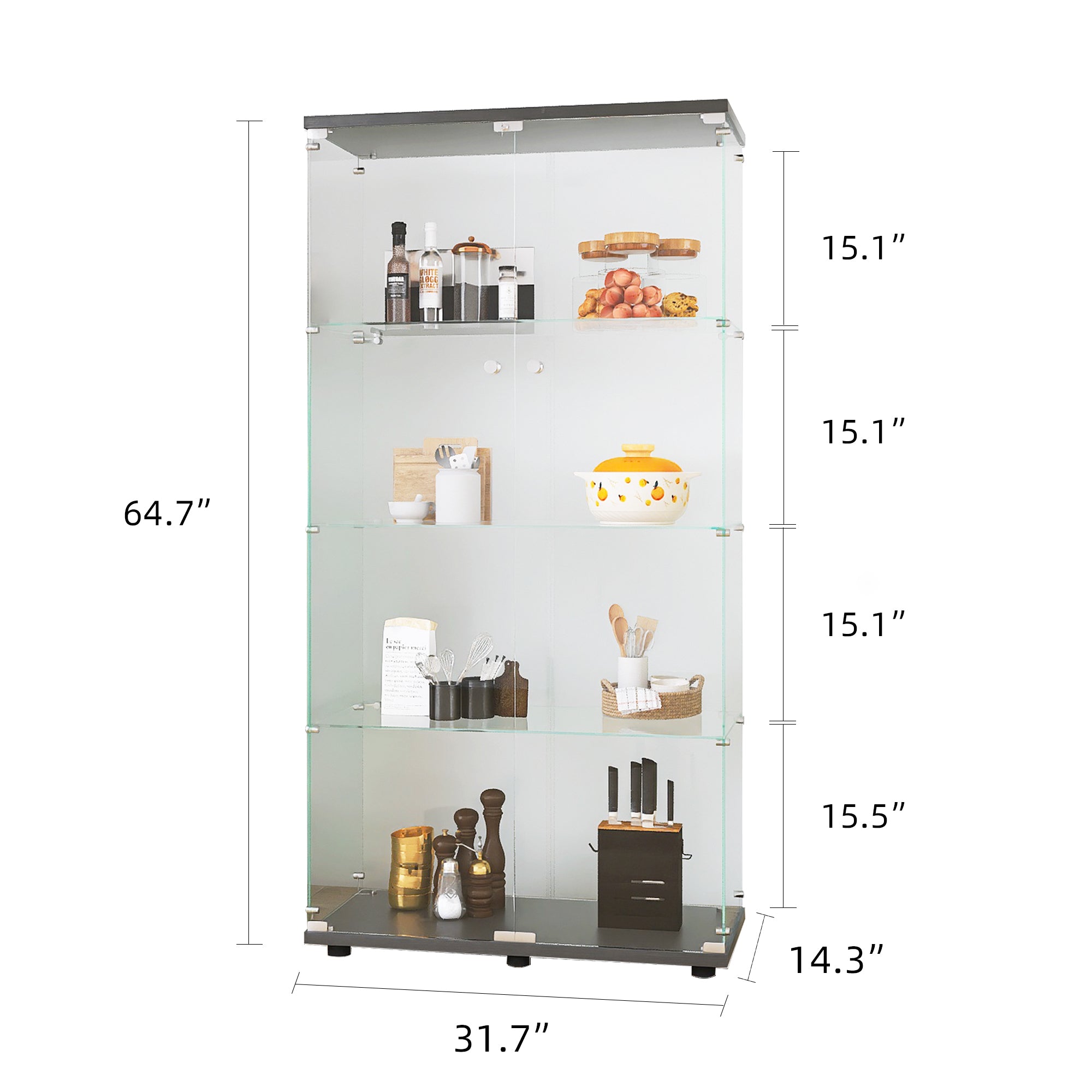 Two-door Glass Display Cabinet 4 Shelves with Door, Floor Standing Curio Bookshelf for Living Room Bedroom Office,  64.7'*31.