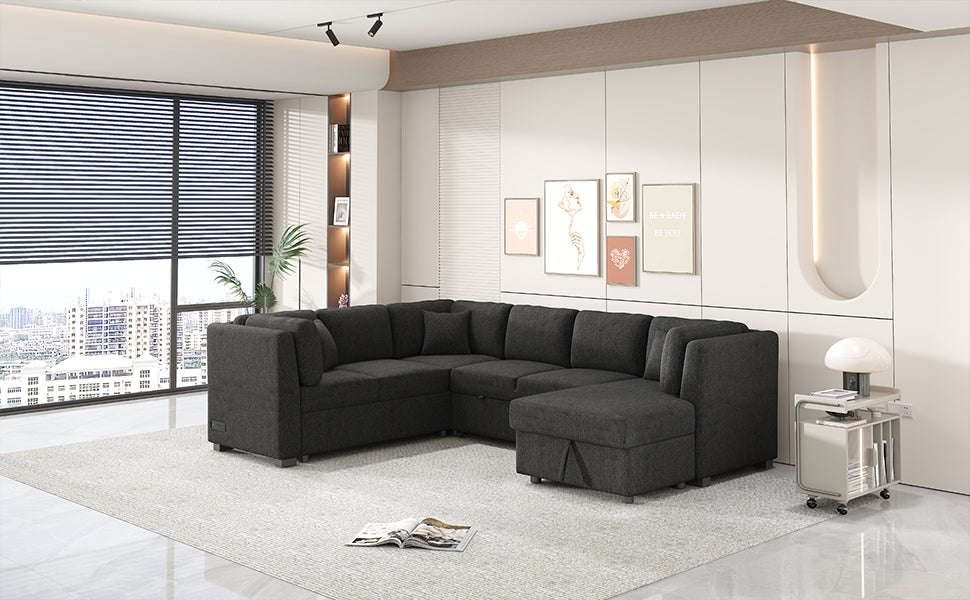 U-shaped Sectional Sofa Pull Out Bed with USB Ports, Power Sockets, Back Pillows & Storage Chaise, Black Chenille, 108.6' - Grand Goldman Shop
