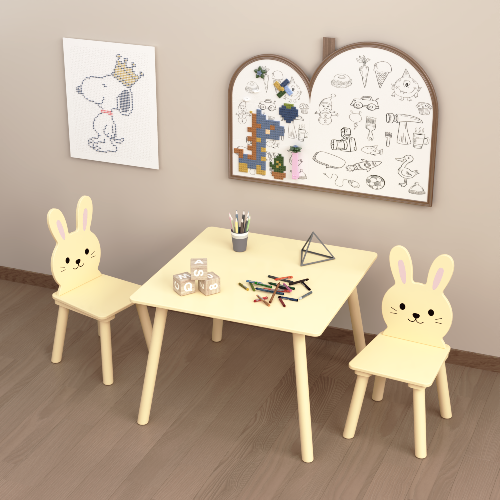 Kids Table and Chair Set with 2 Bunny Chairs, Children's Wooden Activity Table for Toddlers, Cute Animal Design Study Play Se