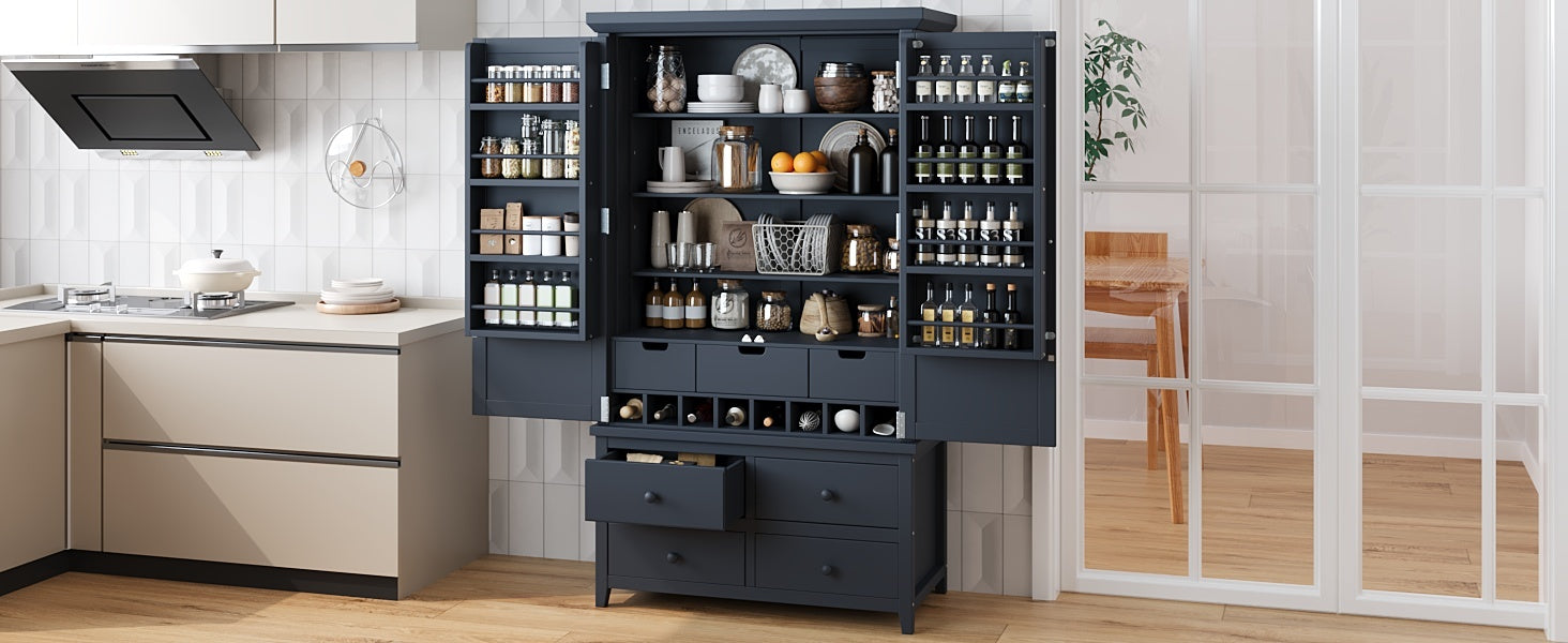 [Assembly&Show Video Available] TOPMAX Freestanding Large Kitchen Pantry Wooden Kitchen Storage Cabinet Cupboard with 8 Door Shelves,3 Adjustable Shelves,7 Drawers& 8 Wine Racks, Gray - Grand Goldman Shop