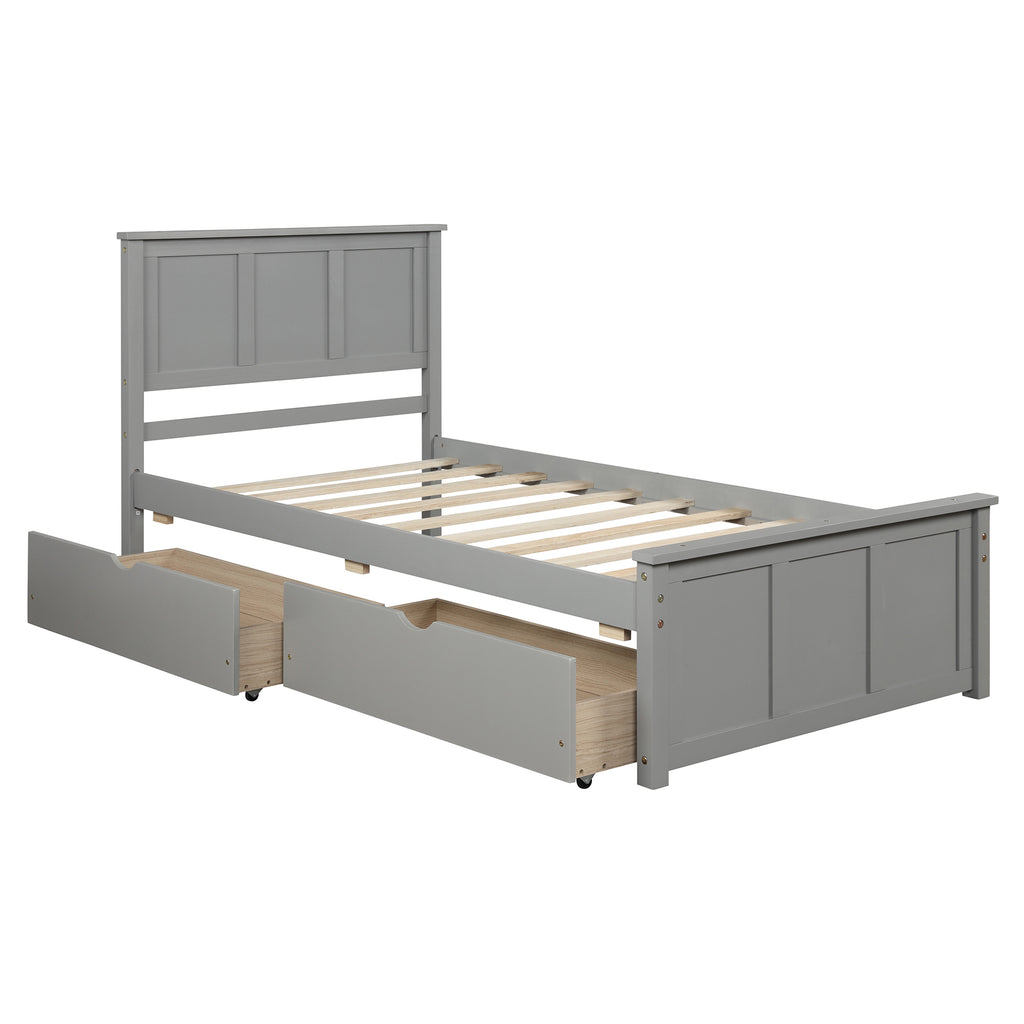 Gray Platform Storage Bed with 2 Wheels-Drawers, Twin Size Frame, Pine Wood and MDF Construction - Grand Goldman Shop