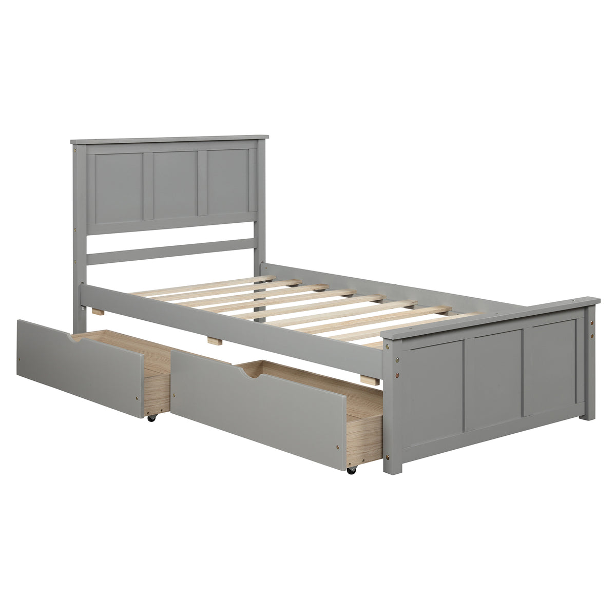 Gray Platform Storage Bed with 2 Wheels-Drawers, Twin Size Frame, Pine Wood and MDF Construction - Grand Goldman Shop