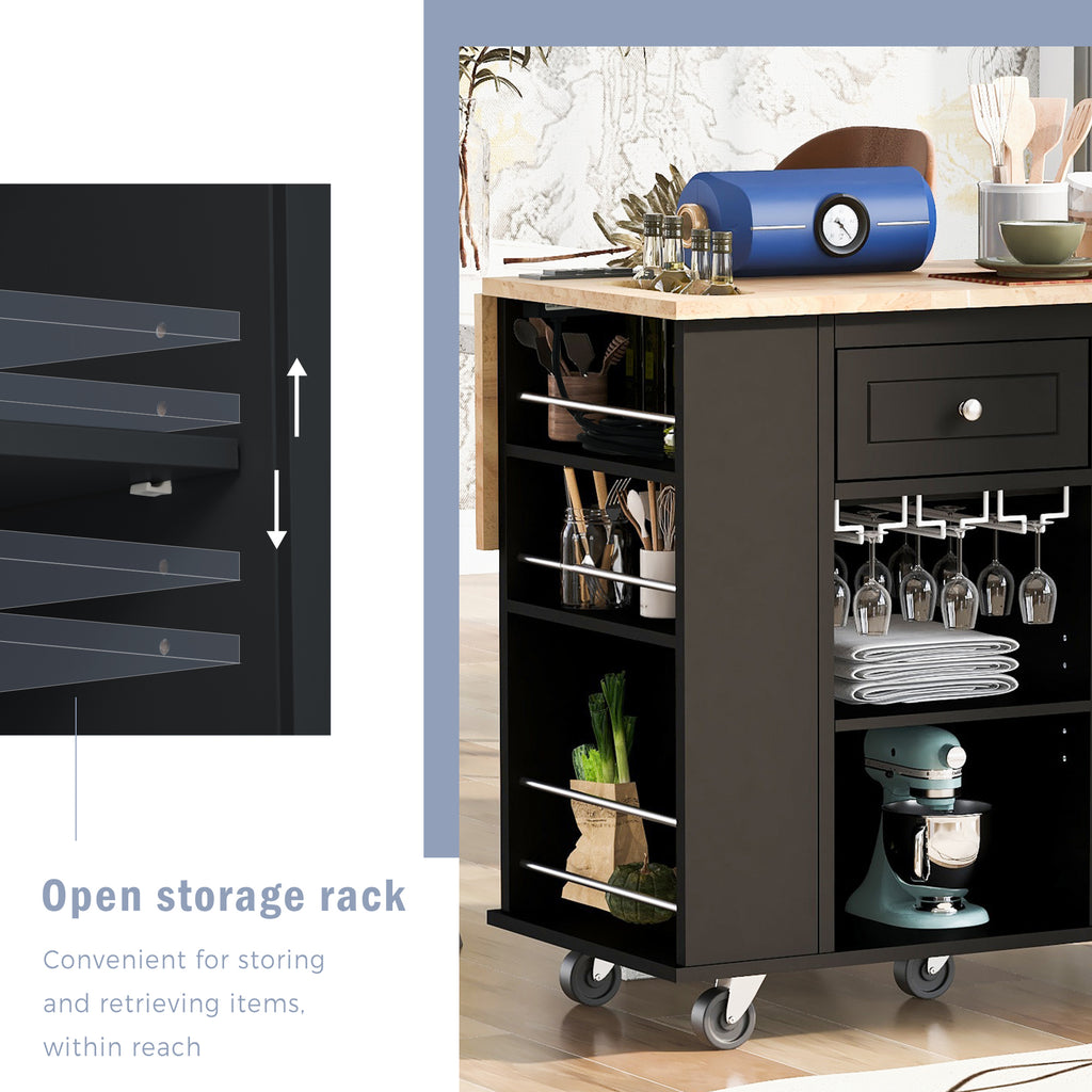 Kitchen Island with Power Outlet,Kitchen Storage Island with Drop Leaf and Rubber Wood,Open Storage and Wine Rack,5 Wheels,with Adjustable Storage for Home, Kitchen, and Dining Room, Black - Grand Goldman Shop