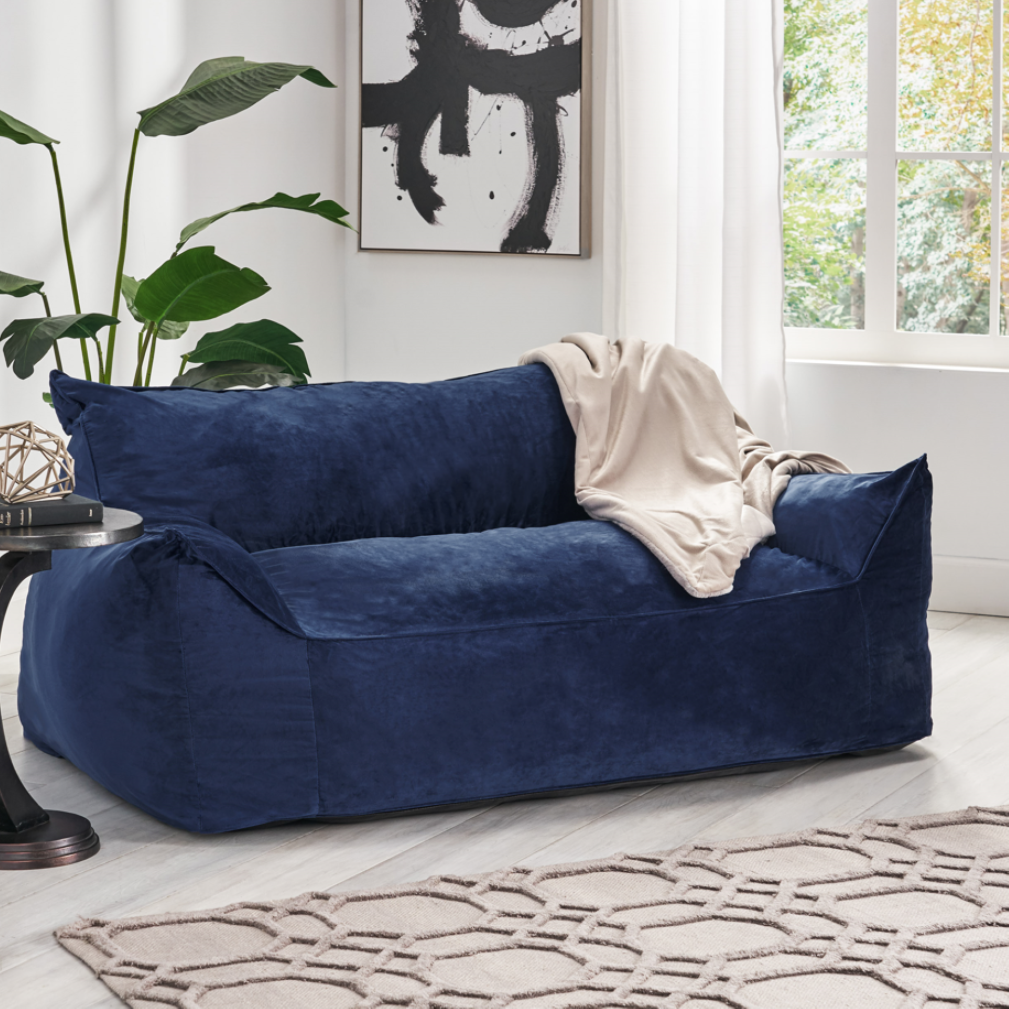 Fila Velveteen 2 Seater Oversized Bean Bag Chair with Armrests, Navy Blue Velvet, 60x40x23 inches - Grand Goldman Shop