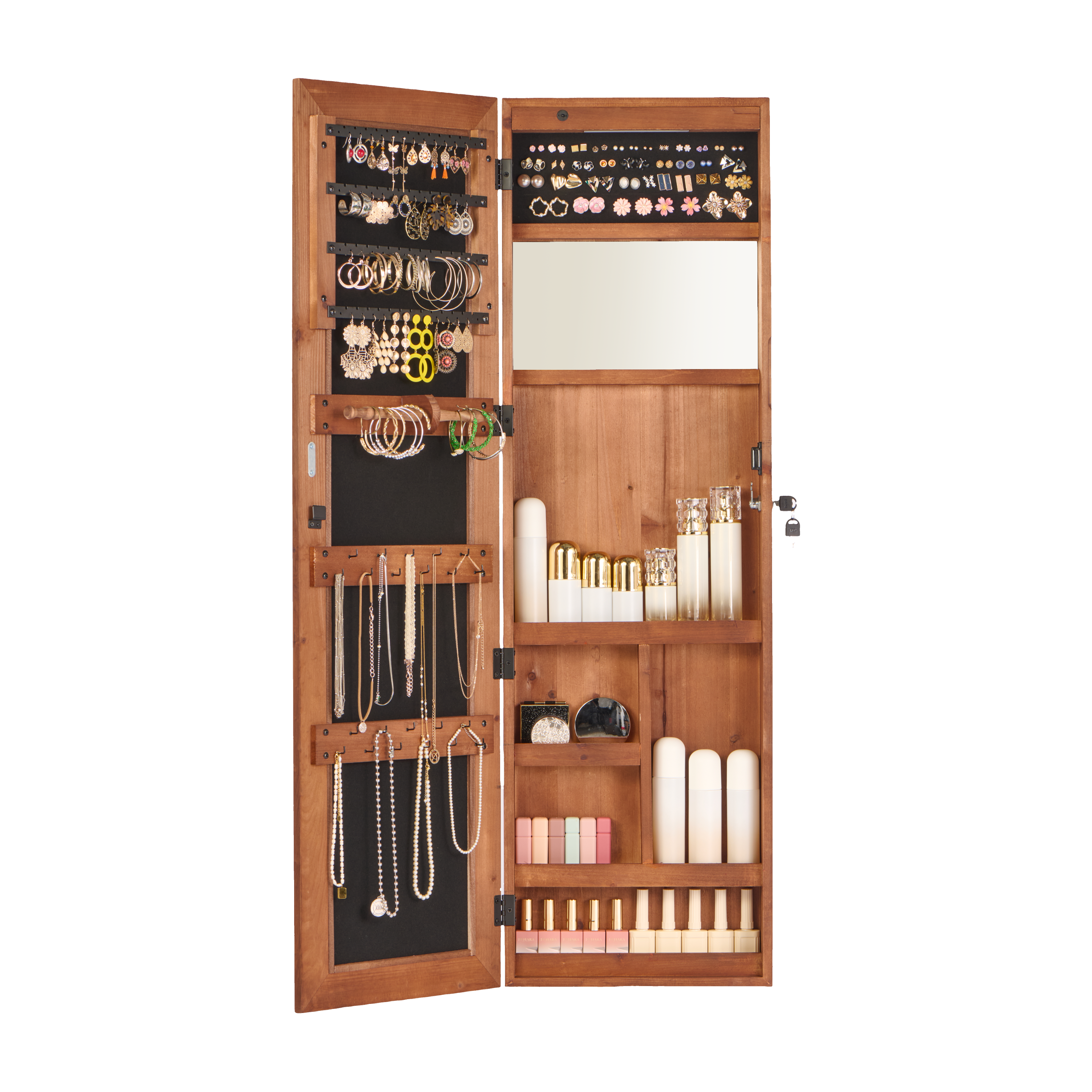 Solid Wood Jewelry Armoire Organizer Cabinet with Full-Length Mirror, Brown, Wall-Mounted Lockable with LED Light, 47.5x14.3 in - Grand Goldman Shop