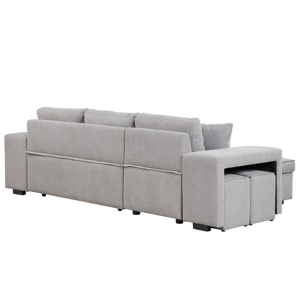 Modern Reversible L-Shape Pull Out Sleeper Sofa with Storage Chaise and Stools, Gray Linen, 104.5' - Grand Goldman Shop