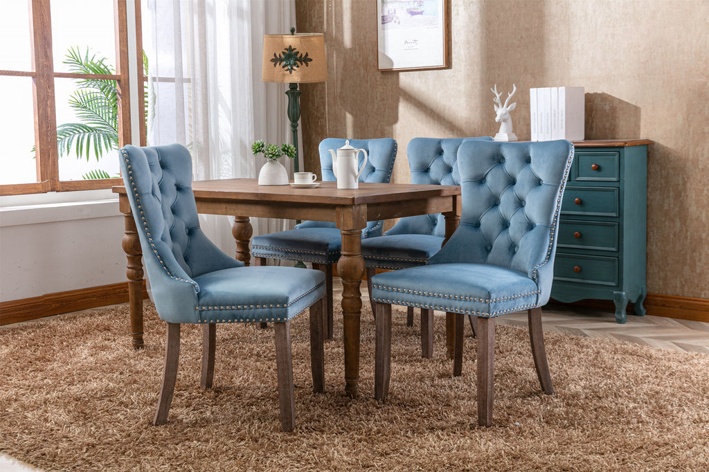 Nikki Collection Modern, High-end Tufted Solid Wood Contemporary Velvet Upholstered Dining Chair with Wood Legs Nailhead Trim 2-Pcs Set,Light Blue, SW2001LB - Grand Goldman Shop