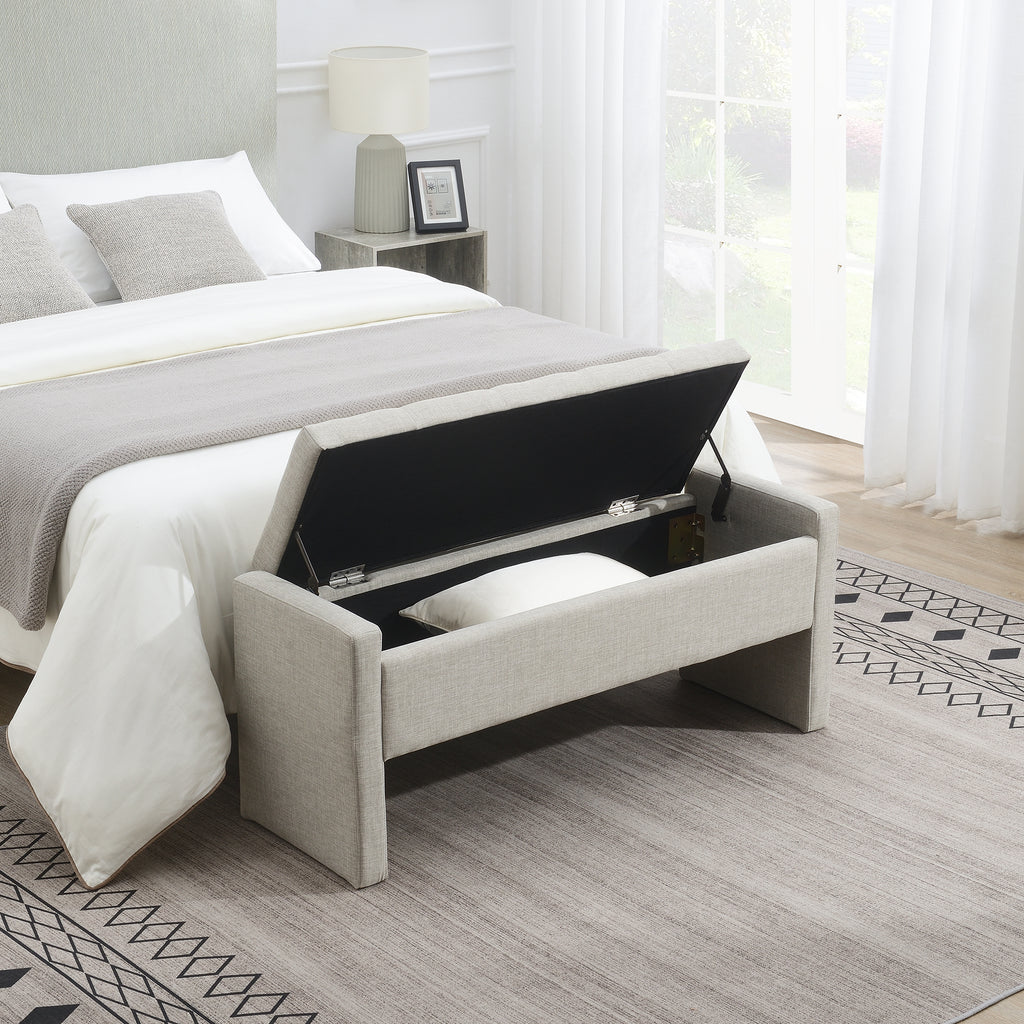 Modern Upholstered Bed End Bench with Storage, Comfy Light Grey Linen Foot Rest for Living Room and Bedroom - Grand Goldman Shop