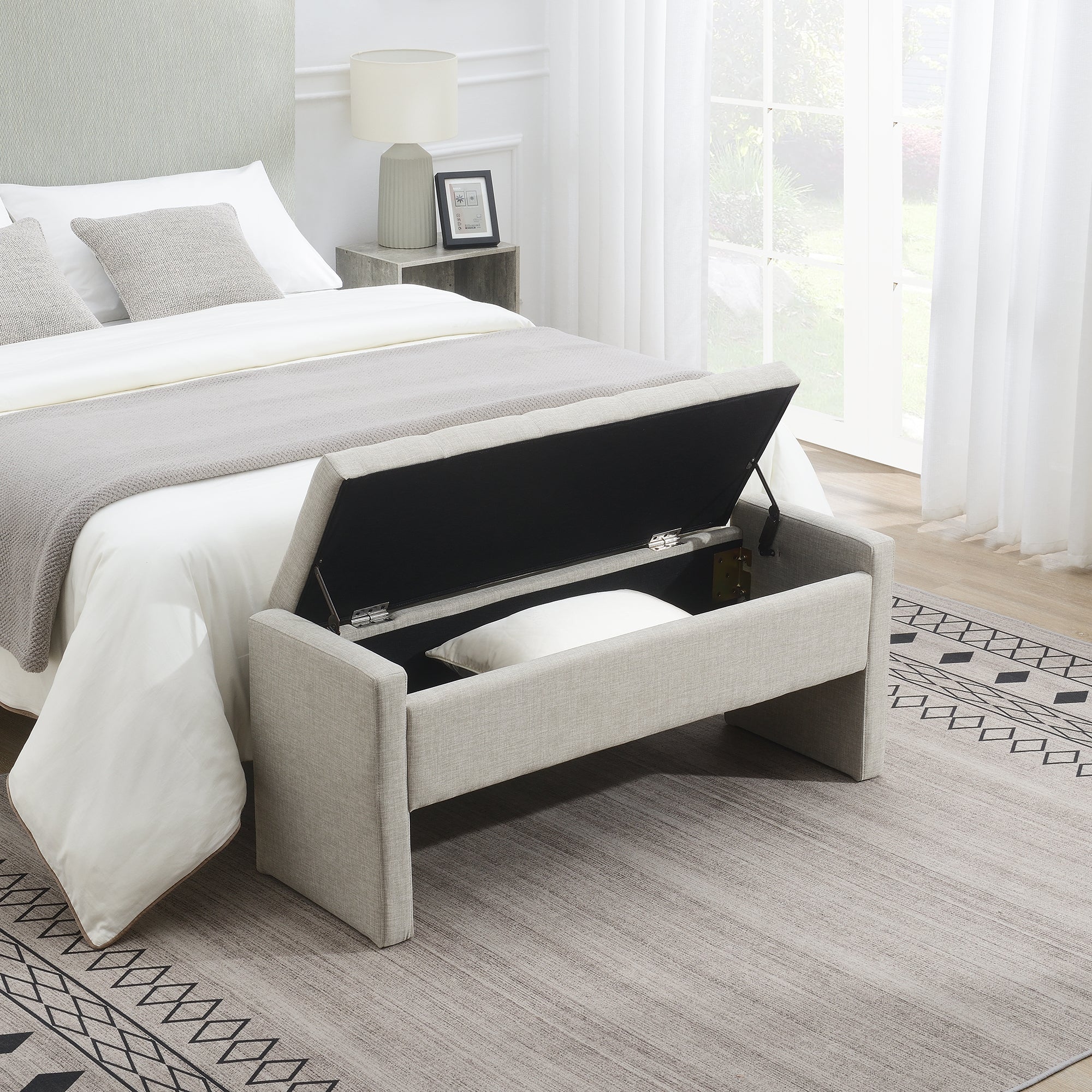 Modern Upholstered Bed End Bench with Storage, Comfy Light Grey Linen Foot Rest for Living Room and Bedroom - Grand Goldman Shop