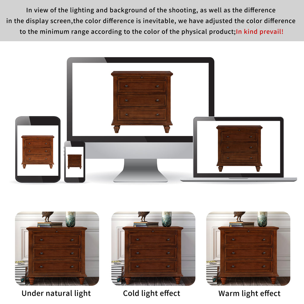 U_STYLE 27.6''Nightstand with Pine Wood veneer , Fashion Bedside Cabinet with 3 Drawers and pull-out tray, Minimalist Sofa Side Table with rubber legs and Metal handle for Bedroom Sofa Couch Office - Grand Goldman Shop