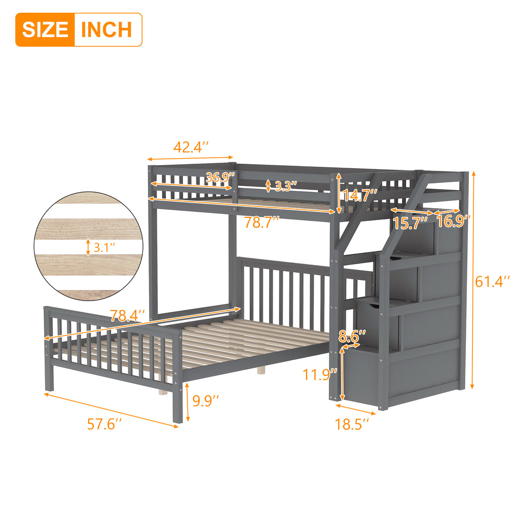 Gray Twin over Full Loft Bed with Staircase and Storage, Pine Wood and MDF, 97.2''L x 78.4''W x 61.4''H - Grand Goldman Shop