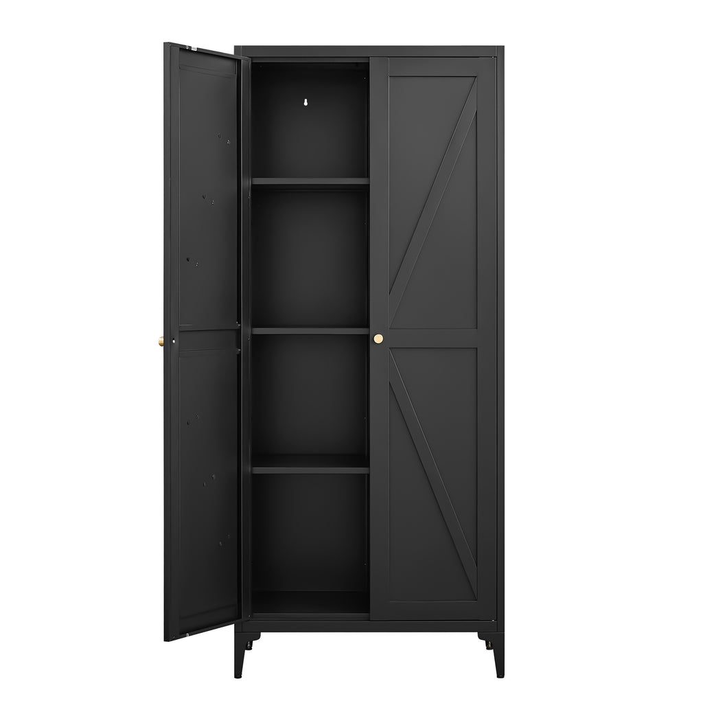 Black Metal Adjustable 2-Door Kitchen Pantry Cabinet with Striped Design and Gold Handles, Tall Steel Storage Locker for Kitc