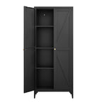 Black Metal Adjustable 2-Door Kitchen Pantry Cabinet with Striped Design and Gold Handles, Tall Steel Storage Locker for Kitc