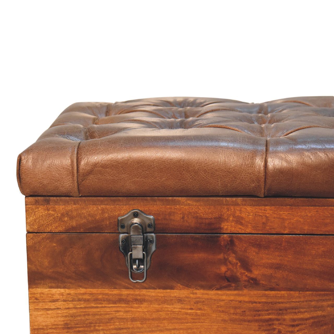 Solid Wood Buffalo Leather Upholstered Hide Chestnut Storage Trunk, Tan & Brown - Grand Goldman Shop